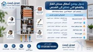جدول يوضح أعطال سخان الغاز والقطع التي تحتاج إلى الفحص